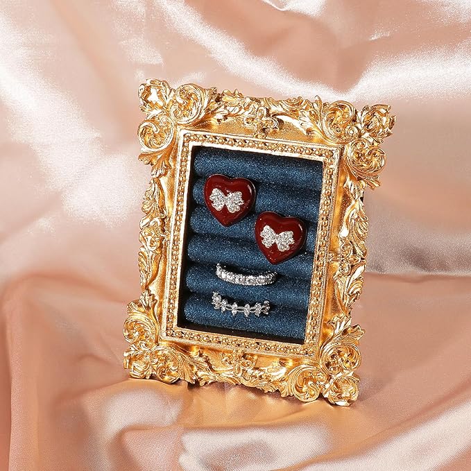 Vintage Ring Holder Rectangle Gold Velvet Display Stand - Baroque Jewelry Organizer Box Tray for Wedding Engagement Anniversary Women Birthday Christmas Gift Photograph Prop (MPF05-Gold Blue)