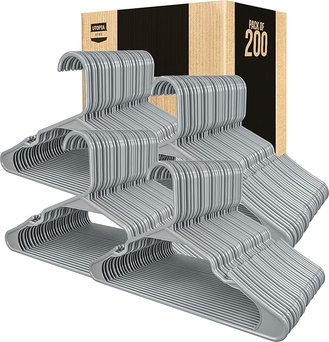 Utopia Home Plastic Hangers 200 Pack - Perfect Space Saving Clothes Hanger - Durable and Strong - Perfect Closet Organizers with Shoulder Grooves (Grey)