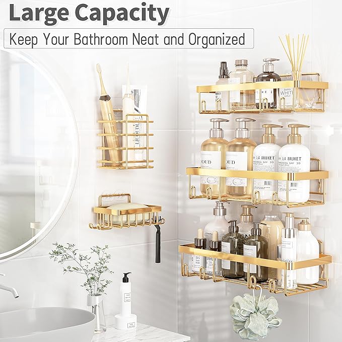Liuoud 10 Pack Shower Caddy Organizer Rack Shelf for Inside Shower, Self Adhesive Wall Storage Basket Rustproof Stainless Steel Shampoo Holder Bathroom Accessory Decor Set, Gold