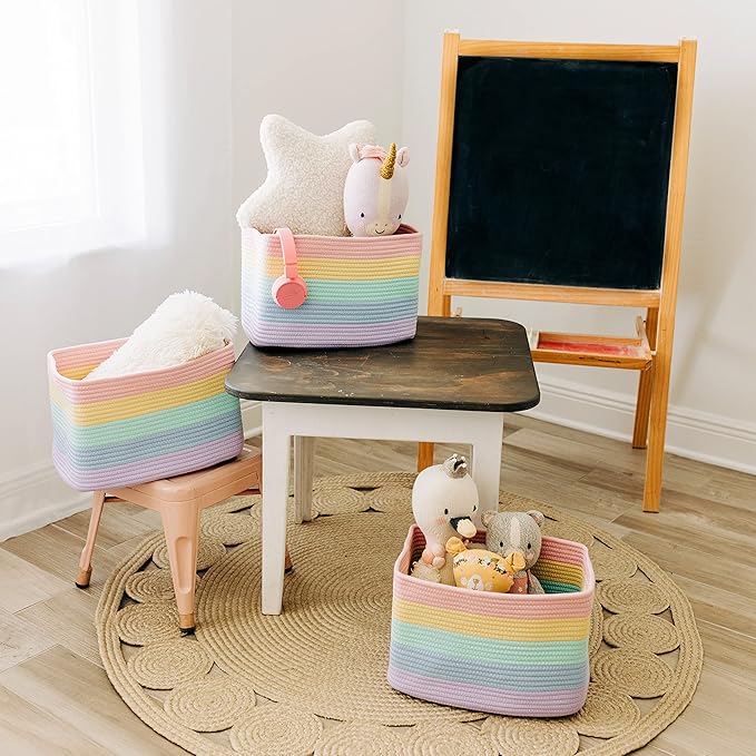 OrganiHaus Pastel Rainbow Basket - Colorful Woven Storage Basket for Playroom, Nursery & Classroom Decor & Toy Storage, 15x9x10