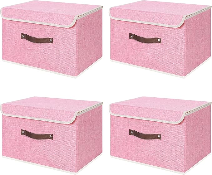 ANMINY 4PCS Storage Bin with Lid Storage Boxes with PU Leather Handles PP Plastic Board Decorative Foldable Lidded Cotton Linen Fabric Home Cubes Baskets Closet Organizer Container - Pink, Medium
