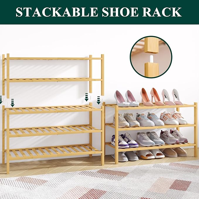 Smiry Bamboo Shoe Rack for Closet, 5 Tier Long Wooden Stackable Shoe Organizer, Free Standing Shoes Storage Shelf for Entryway, Front Door Entrance, Natural
