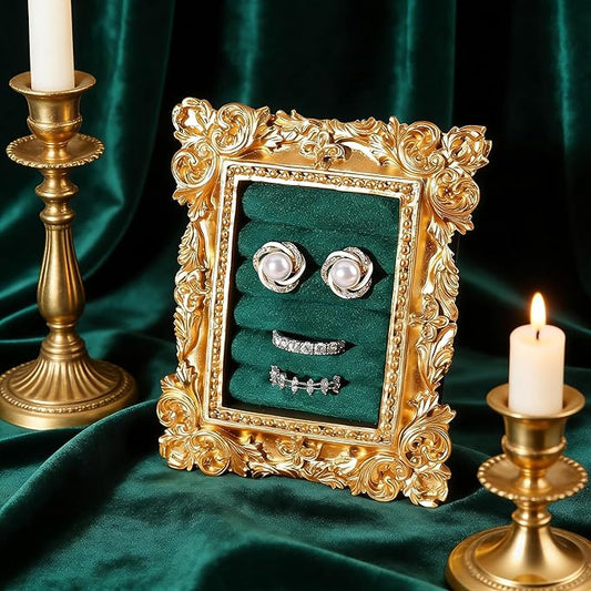 Vintage Ring Holder Rectangle Gold Velvet Display Stand - Baroque Jewelry Organizer Box Tray for Wedding Engagement Anniversary Women Birthday Christmas Gift Photograph Prop (MPF05-Gold Green)