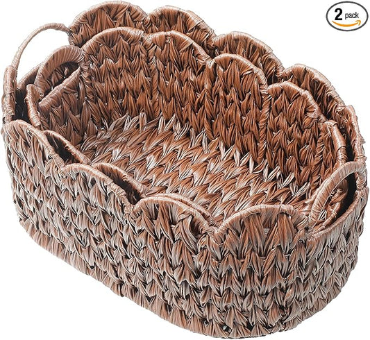 Coeusy Wicker Scalloped Basket Set of 2,Woven Storage Baskets for Shelves,Closet,Laundry,Gift,Towels,Books,Toys,Waterproof Cute Decor Basket for Organizing,Brown