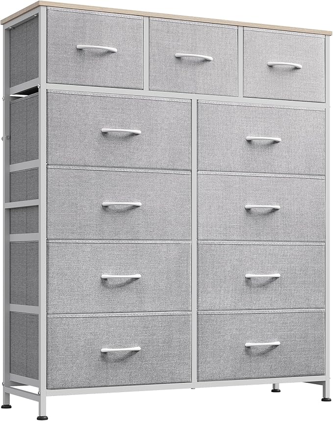 WLIVE Tall Dresser for Bedroom, Fabric Dressers Storage Tower, Dresser & Chest of Drawers Organizer Unit with 11 Drawers, Storage Cabinet, Hallway, Closets, Steel Frame, Wood Top, Light Grey