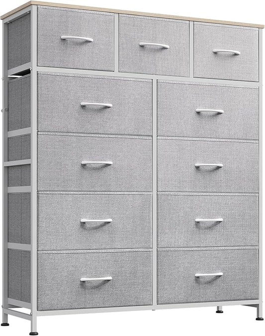 WLIVE Tall Dresser for Bedroom, Fabric Dressers Storage Tower, Dresser & Chest of Drawers Organizer Unit with 11 Drawers, Storage Cabinet, Hallway, Closets, Steel Frame, Wood Top, Light Grey