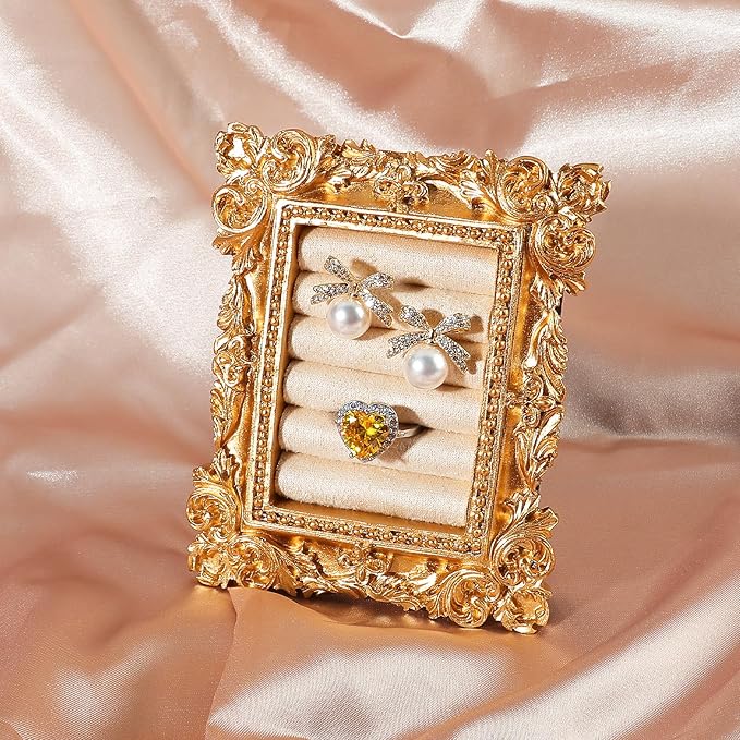 Vintage Ring Holder Rectangle Gold Velvet Display Stand - Baroque Jewelry Organizer Box Tray for Wedding Engagement Anniversary Women Birthday Christmas Gift Photograph Prop (MPF05-Gold White)