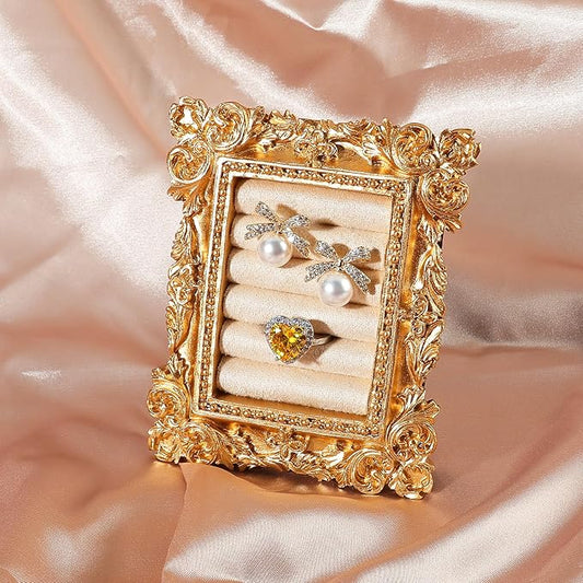 Vintage Ring Holder Rectangle Gold Velvet Display Stand - Baroque Jewelry Organizer Box Tray for Wedding Engagement Anniversary Women Birthday Christmas Gift Photograph Prop (MPF05-Gold White)