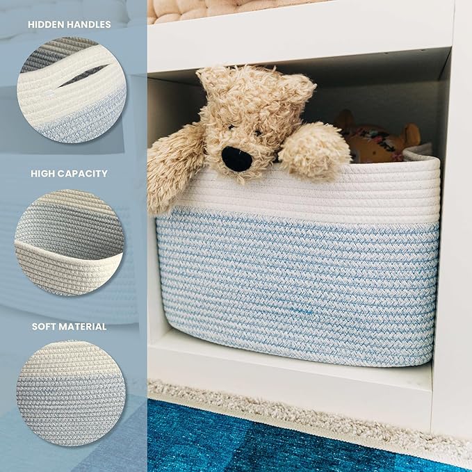 OrganiHaus Cotton Rope Basket for Shelf - Woven Storage Basket for Organizing, Closet & Toy Storage - Blue/White - 15x9x10
