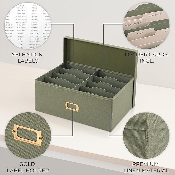 ZICOTO Decorative Photo Storage Box - Sturdy Linen Photo Organizer with Dividers is Perfect to Store Up to 1700 Pictures and 5x7 Photos - Portable Scrapbook Storage Containers with Lid