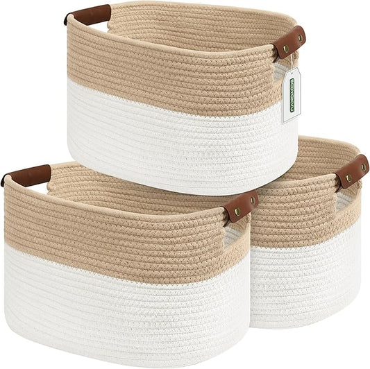 ECDYQXVU Cotton Rope Storage Baskets,15x10x9 in,Foldable Storage Bins, Decorative Woven Basket Cube Storage Organizer for Laundry, Towel, Clothes (White/Beige-3Pack, 15x10x9 inches)