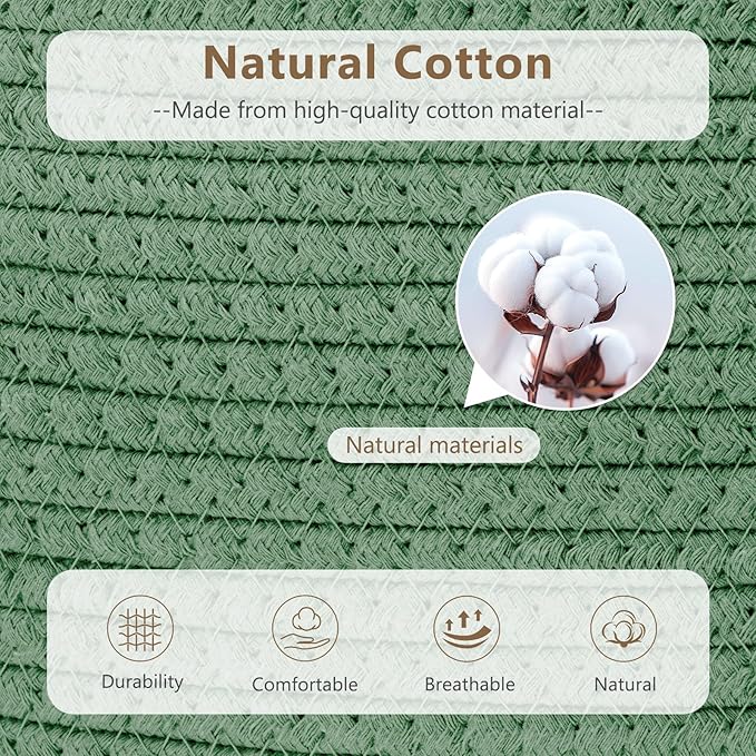 ECDYQXVU Cotton Rope Storage Basket, 15x10x9 Inches, Woven Basket for Shelves, Clothes, Towels, Books, and Laundry, Green (3 Pack)
