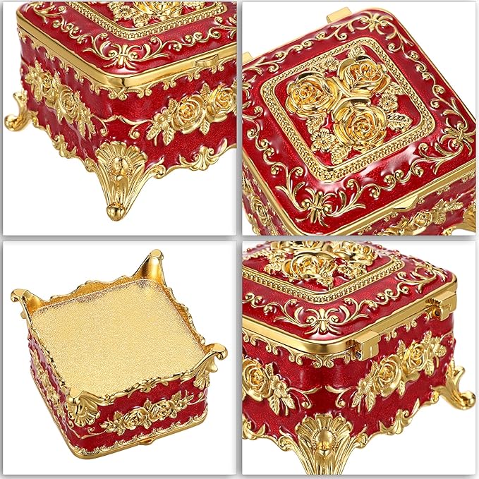Hipiwe Vintage Metal Jewelry Box - Small Trinket Organizer Ring Box Case with Rose Pattern Jewelry Storage Box for Ring Earrings Necklace, Keepsake Box for Women,Red
