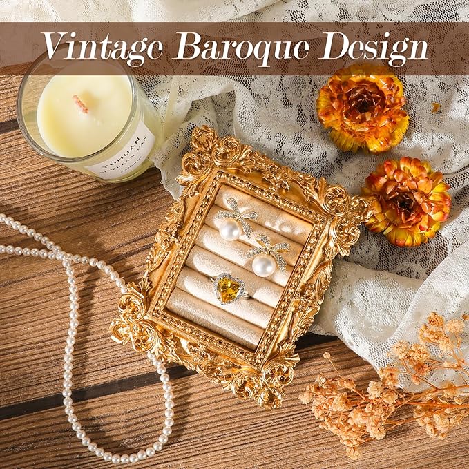 Vintage Ring Holder Rectangle Gold Velvet Display Stand - Baroque Jewelry Organizer Box Tray for Wedding Engagement Anniversary Women Birthday Christmas Gift Photograph Prop (MPF05-Gold White)