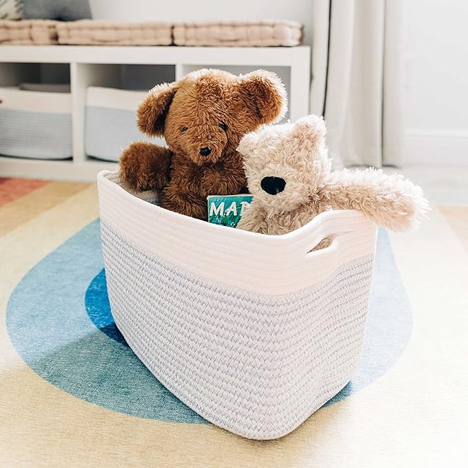 OrganiHaus Cotton Rope Basket for Shelf - Woven Storage Basket for Organizing, Closet & Toy Storage - Blue/White - 15x9x10