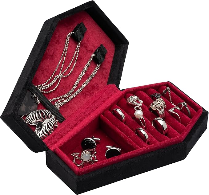 Velvet Coffin Jewelry Travel Case Holder for Gothic Wedding Ceremony Jewelry Organizer Decoration (Black and Red)