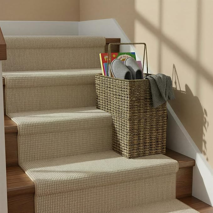 Household Essentials Wicker Stair Basket, Wicker Step Organizer with Handles, Use to Collect and Transport Items from Floor to Floor