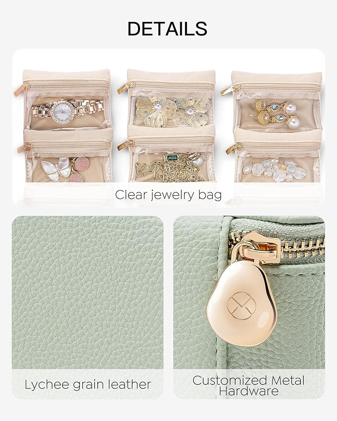 Vlando Jewelry Travel Case,Travel Jewelry Organizer with Clear Velvet Jewelry Bags 6Pcs Zipper Pouch for Women Girl Gift-Mint Green