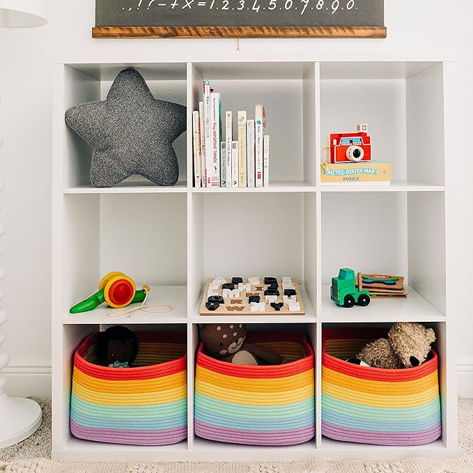OrganiHaus Set of 3 Rainbow Baskets - Colorful Woven Storage Baskets for Playroom, Nursery & Classroom Decor, Toy Storage, 15x9x10