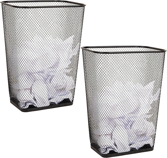 Mind Reader 10 Gallon Executive Waste Paper Bins, Solid Bottom, Non Slip Pads, Office and Home, Metal Mesh, Set of 2, Black