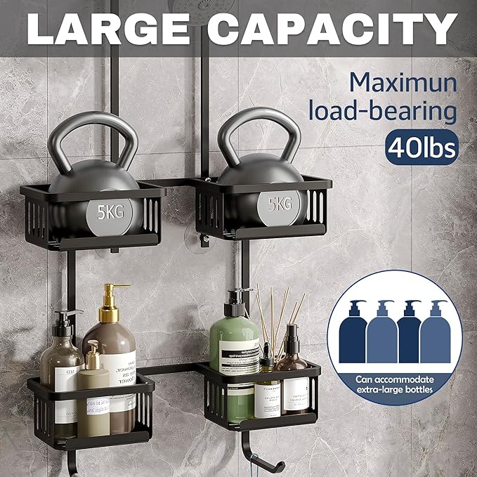Aluminum Shower Caddy Hanging for Handheld Showerheads, Never Rust Shower Organizer with Hooks Holder Toothbrush Holder，Over Showerhead Caddy for Bathroom, Black