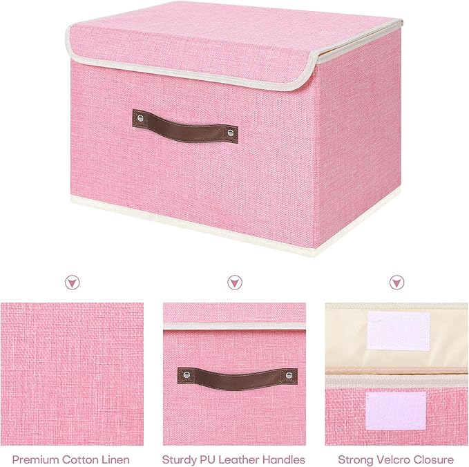 ANMINY Storage Bin with Lid Storage Boxes with PU Leather Handles PP Plastic Board Decorative Foldable Lidded Cotton Linen Fabric Home Cubes Baskets Closet Organizer Container - Pink, Medium