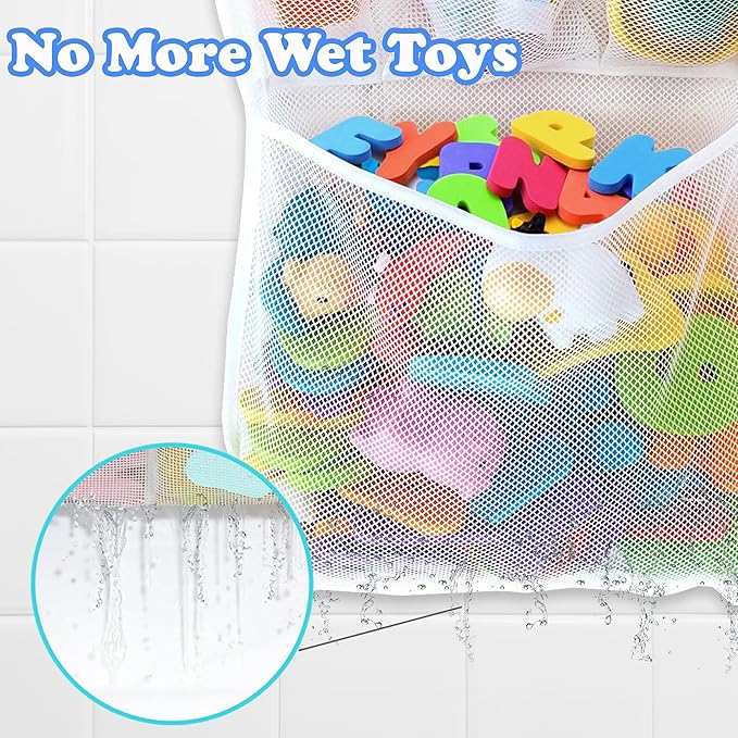 Bath Toy Storage Organizer – Large Mesh Bath Toy Holder & Bath Toy Net for Tub, Quick Dry Bathtub Bag with 2 Strong Suction Cups, 2 Adhesive Hooks, Quick-Dry Hanging Shower Cubby Basket, 14x20 Inch