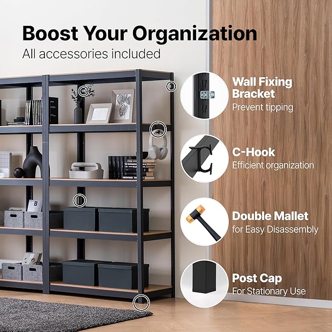 HOMEDANT House 48.1" 5-Tier Metal Rolling Cart Shelf Rack Casters Heavy Duty Laminated Wheel Shelving Unit Adjustable Utility Storage Shelves Shelf Kitchen Garage Black 2Pack