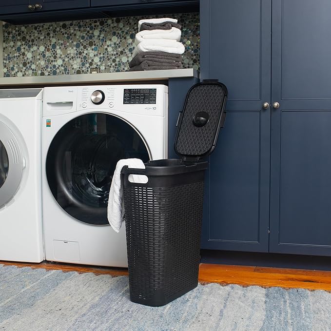 Mind Reader Slim Laundry Hamper with Lid, 40L Clothes Basket, Narrow Tapered Design with Ventilated Cutout Pattern, Plastic, Set of 2, Black