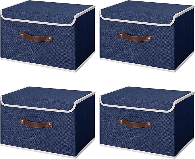ANMINY 4PCS Storage Bin with Lid Storage Boxes with PU Leather Handles PP Plastic Board Decorative Foldable Lidded Cotton Linen Fabric Home Cubes Baskets Closet Organizer Container - Blue, Medium
