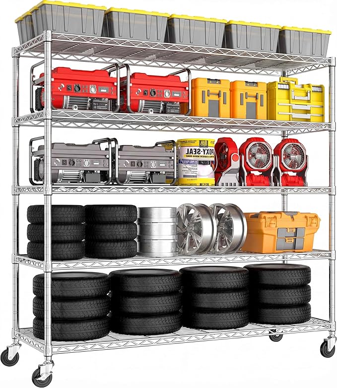 PrimeZone 5 Tier 48" Wx24''Dx81''H Wire Shelving with Wheels 3000lbs NSF Storage Shelves Heavy Duty Metal Shelf Adjustable Rolling Rack Commercial Garage Restaurant Warehouse Kitchen Chrome 8Pack