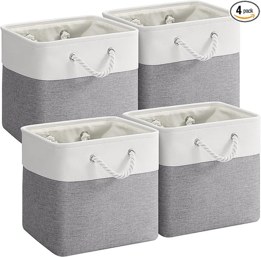 12 x 12 Inch Cube Storage Bins, 4 Pack Fabric Storage Basket with Handles, Foldable Boxes Organizer for Shelf Baskets for Home, Clothes (White/Grey)