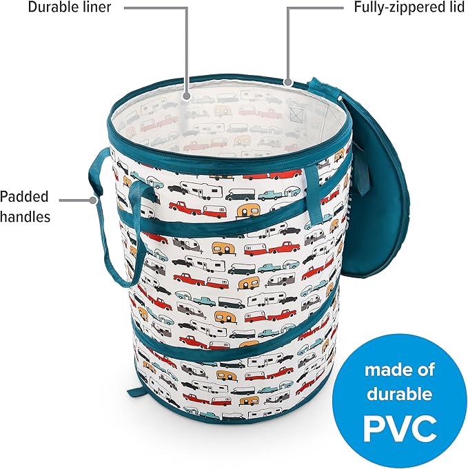 Camco Pop-Up Utility Container - Features Heavy Duty Liner & Zipper Close Lid - Holds 30-Gallon Kitchen-Size Trash Bags - Stands 2-Ft Tall & Collapses for RV Storage and Organization (42986)
