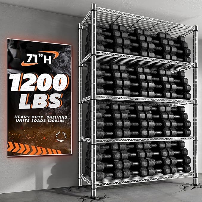 REIBII 5 Tier Metal Shelving Storage Shelves, 71''H Adjustable Wire Shelves Garage Shelving Unit for Kitchen, Pantry, Laundry Room, Warehouse, Office, 71H X 35.5W X 14D, Chrome
