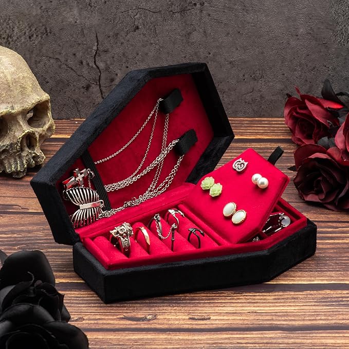 Velvet Coffin Jewelry Travel Case Holder for Gothic Wedding Ceremony Jewelry Organizer Decoration (Black Red 4 Grid)