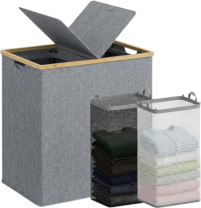 efluky Laundry Hamper with Lid, Double Laundry Hamper with 2 Removable Bags, 2 Section Laundry Basket with Bamboo Handles for Bathroom, Bedroom & Laundry Room, 140L (36.9 Gallon) Blue Grey