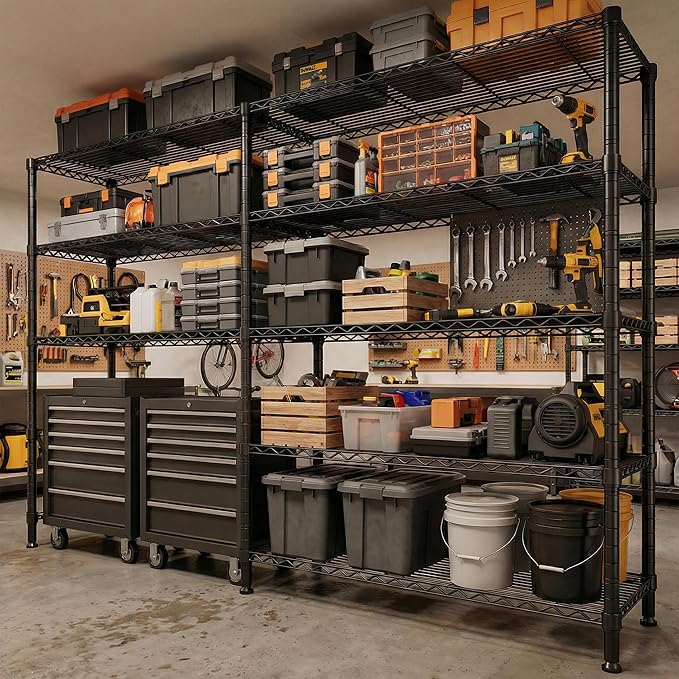 REIBII 70" W Storage Shelves Load 1600LBS,Metal Shelving 5-Tier Wire Shelving Unit Garage Shelving for Storage Adjustable Metal Shelves for Pantry Kitchen Garage Commercial, 70" W*15.8" D*72.4" H