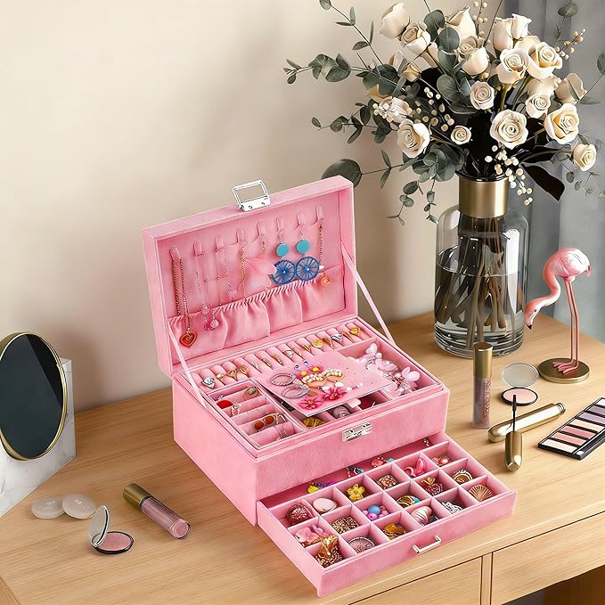 QBestry 3-Layer Jewelry Box for Girls & Teens with Lock and Key, Large Jewelry Organizer with 8 Necklace Hooks & 56 Earring Holes, Pink Velvet Jewelry Storage Box for Necklaces Earrings Rings Bracelet