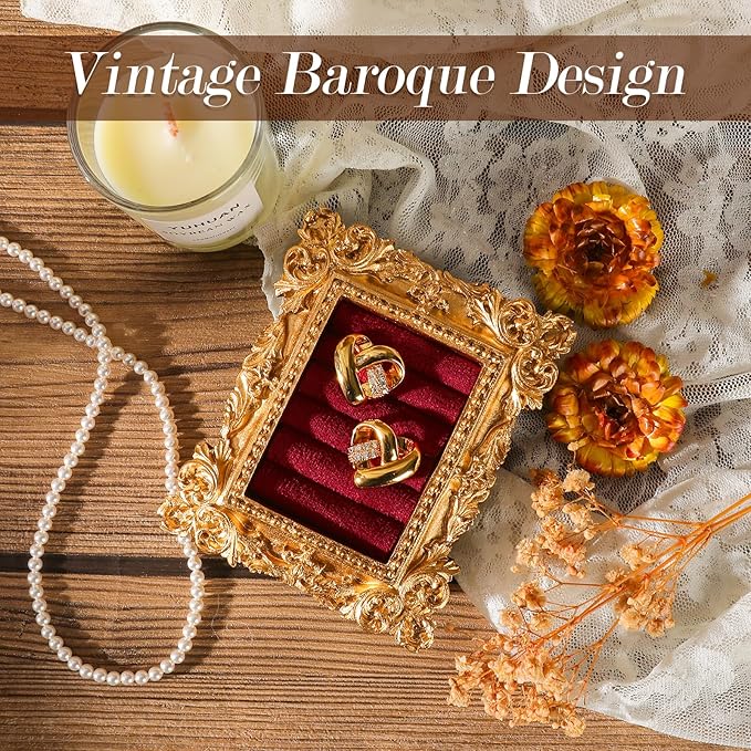 Vintage Ring Holder Rectangle Gold Velvet Display Stand - Baroque Jewelry Organizer Box Tray for Wedding Engagement Anniversary Women Birthday Christmas Gift Photograph Prop (MPF05-Gold Red)