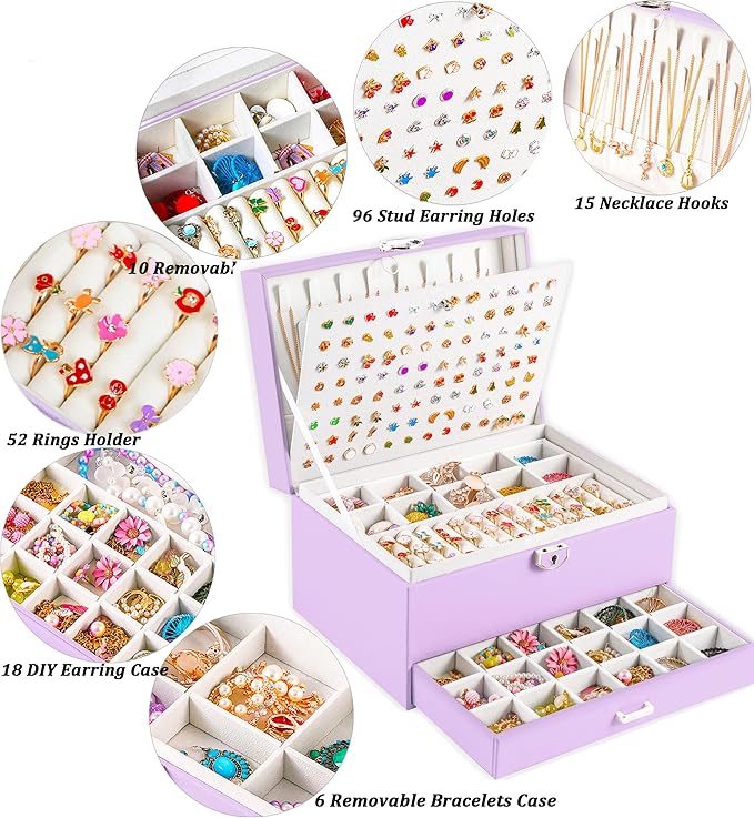 QBestry Earrings Jewelry Box for Girls, 5 Layers Jewelry Organizer with Earring Holder Organizer for Girls Earring Organizer Jewelry Boxes for Women Earrings and Necklaces Jewelry Box Organizer Violet