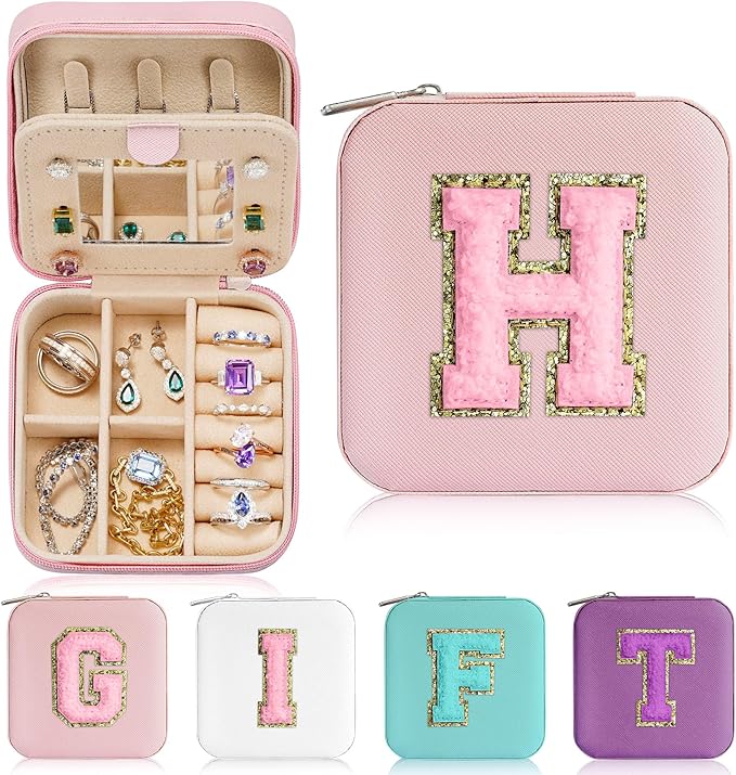 Parima Travel Jewelry Case for Women Girls, H Initial Jewelry Box | Small Jewelry Boxes | Jewelry Cases | Travel Gifts for Girl - Letter H, Pink