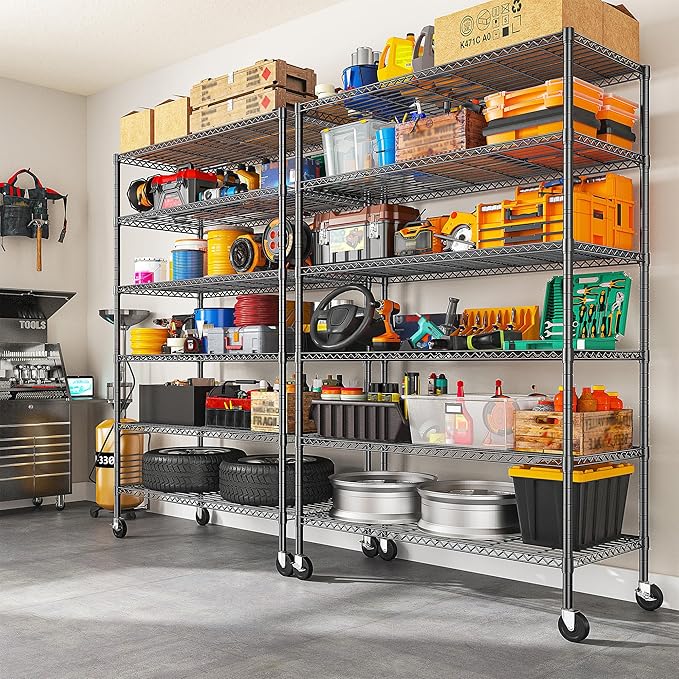 Romorgniz 82" H X45 W X18 D Storage Shelves with Wheels, 6 Tier Wire Shelving Adjustable Metal Shelving Pantry Shelves Capacity 1200LBS for Garage Shelving, Pantry, Kitchen, Closet,Black,3P