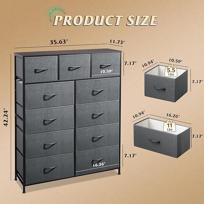 WLIVE Tall Dresser for Bedroom, Fabric Dressers Storage Tower, Dresser & Chest of Drawers Organizer Unit with 11 Drawers, Storage Cabinet, Hallway, Closets, Steel Frame, Wood Top, Dark Grey