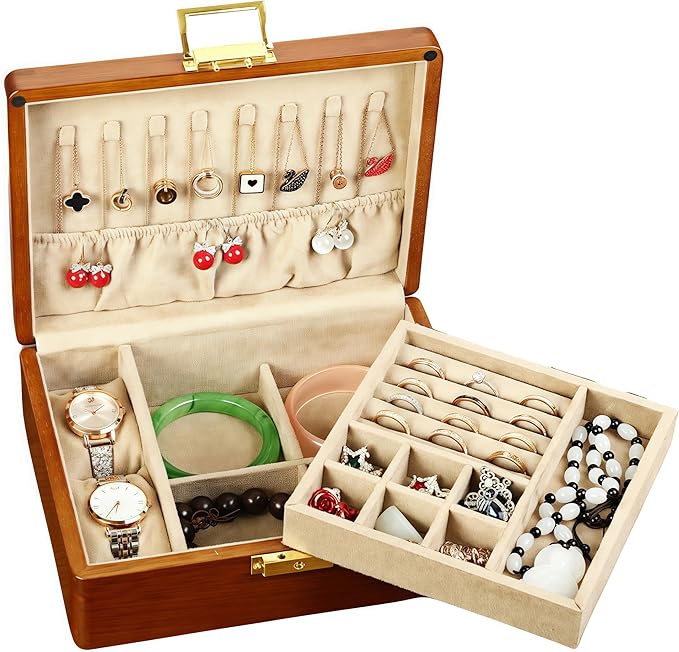 Solid Walnut Wood Jewelry Organizer Box with Lock, 2-Layer Vintage Jewelry Box for Men Women, Velvet-Lined Storage for Earrings Rings Necklaces Bracelets Watches Perfect Father Day Gift Khaki