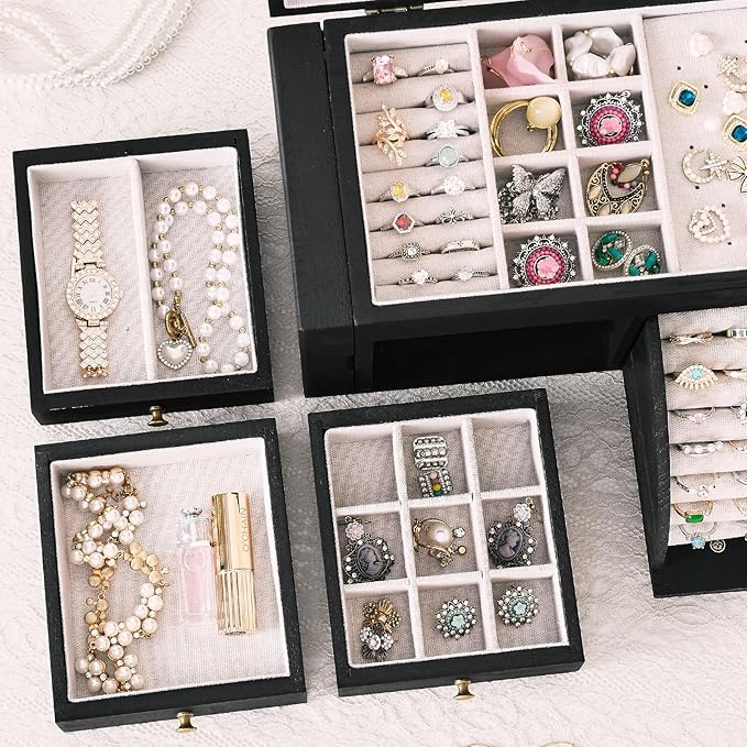 Poyilooo Jewelry Box Organizer, Solid Wood Jewelry Boxes for Women, Double Layer Jewelry Organizer Box Display Earring Necklace Bracelet Ring, Rustic Style Small Jewelry Box for Girls (Black)
