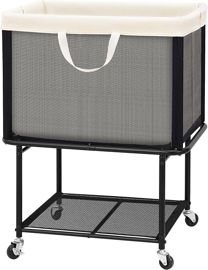 STO STO Rolling Laundry Hamper with Lockable Wheels, 29-Gallon (110L) Laundry Cart with Removable Canvas Bag, 2-Tier Clothes Basket Hamper with Shelf for Closet, Bedroom, Bathroom, Laundry Room
