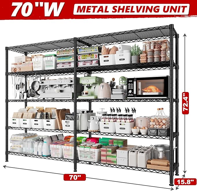 REIBII 70" W Storage Shelves Heavy Duty Load 1600LBS, Metal Shelving 5-Tier Wire Shelving Unit Metal Shelves for Storage Adjustable Shelving Rack for Pantry Kitchen 70" W*15.8" D*72.4" H, 2 Pack