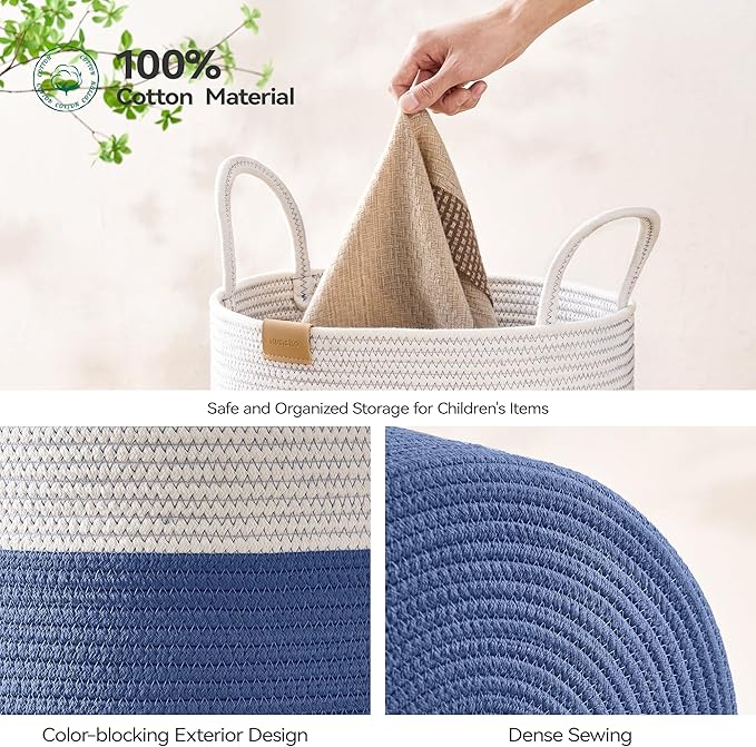 Nunsino Laundry Hamper 62L,Large Laundry Basket for Clothes,Decorative Storage Basket for Blankets,Cotton Rope Woven basket for bedroom,Navy Blue
