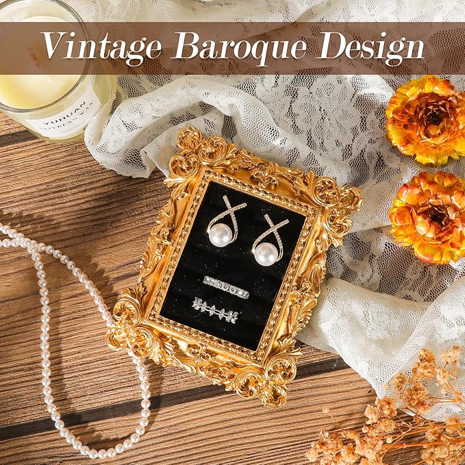 Vintage Ring Holder Rectangle Gold Velvet Display Stand - Baroque Jewelry Organizer Box Tray for Wedding Engagement Anniversary Women Birthday Christmas Gift Photograph Prop (MPF05-Gold Black)