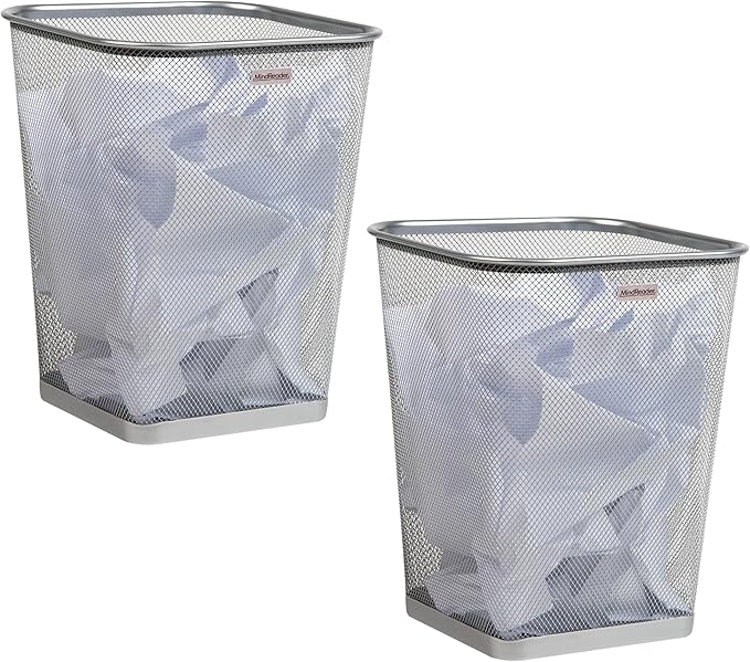 Mind Reader Mesh Trash Can, Square Wastebasket for Office or Home, 5 Gallon Capacity, Metal Mesh, Set of 2, Silver